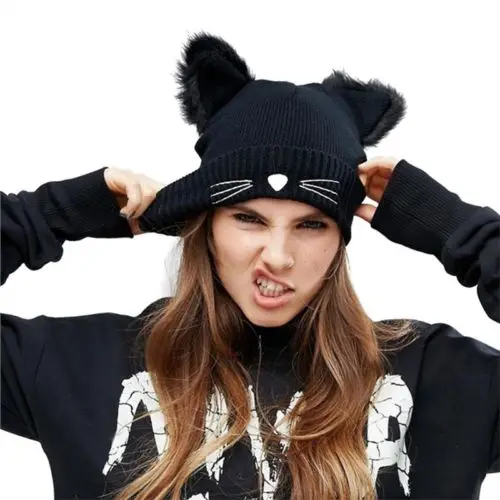 

New 2017 Womens Winter Devil Horns Cat Ear Crochet Braided Knit Ski Wool Beanie Cap Hat
