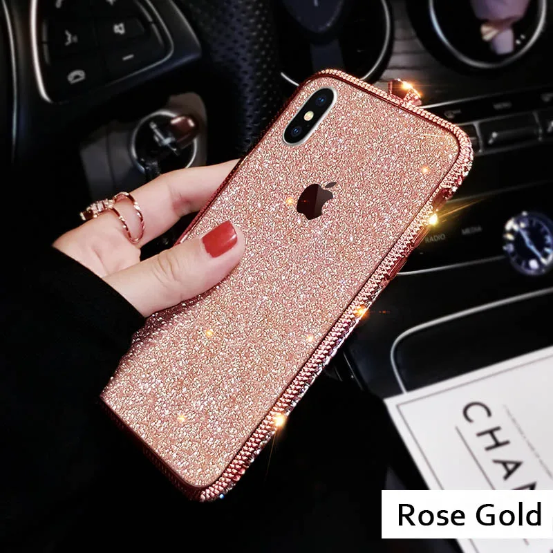 Шикарные блестящие стразы чехол для iPhone X XS Max Xr блестящая пудра Алмазная Рамка металлический алюминиевый Блестящий Футляр для iPhone 8 7 6S Plus - Цвет: rose gold