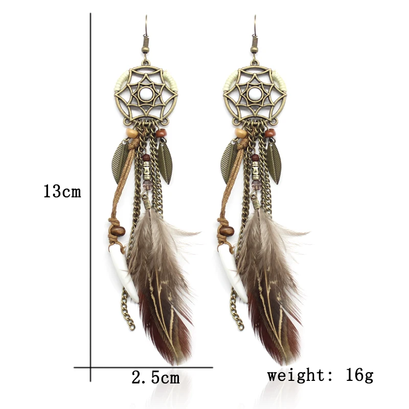 Длинные серьги Lucky Dreamcatcher в виде листьев пера индийские ретро серьги-подвески