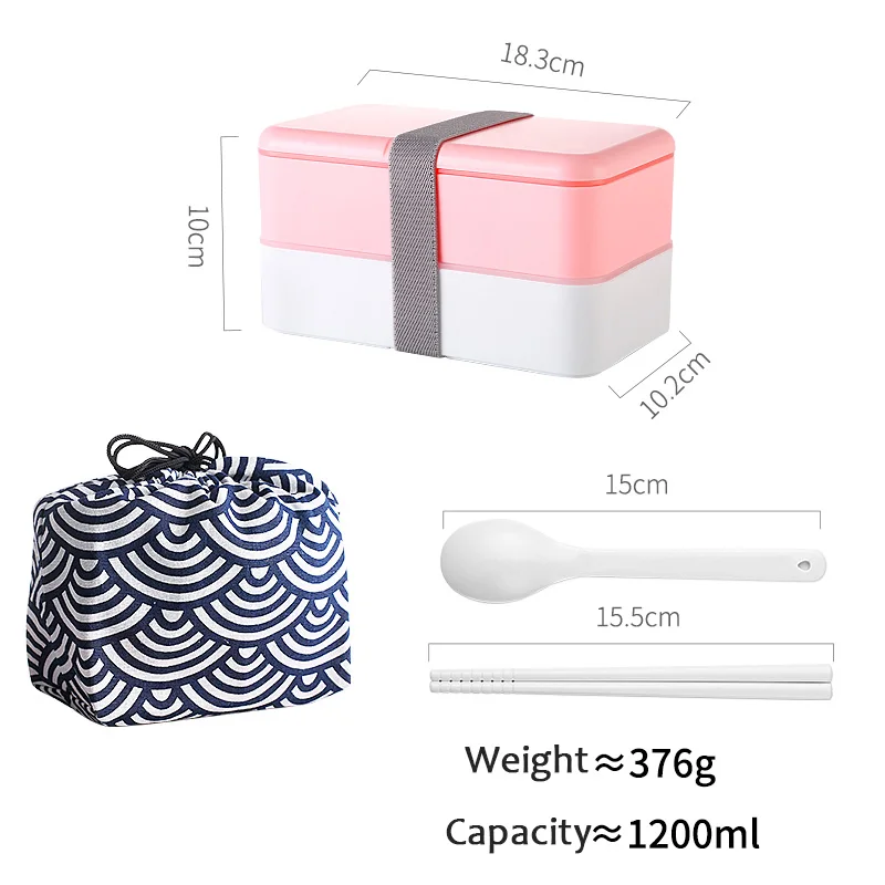 Pink With Bag Ланч-бокс, детский пищевой контейнер, двойная микроволновая печь, японский Бенто-бокс для хранения, портативный Школьный набор для пикника, Ланч-бокс, 1200 мл - Цвет: Pink With Bag