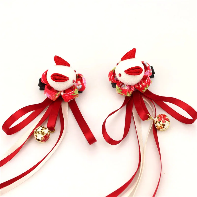 Заколки для волос Kanzashi цветы красный кролик девочек кимоно Maru-tsumami юката головной