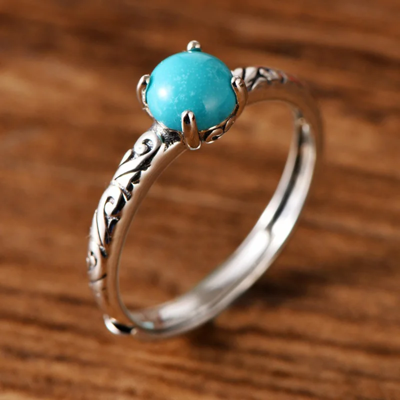 

Real 100% 925 Sterling Silver Women Girls Opening Ring Jewelry Inlaid Turquoise Adjustable Ring Fashion Jewelry Free Shipping