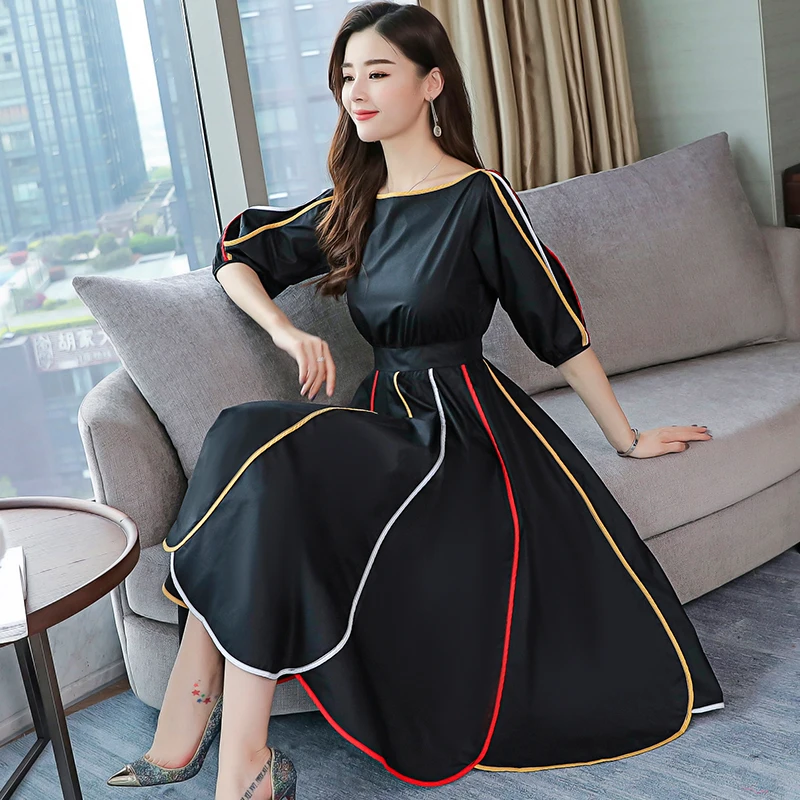 High Quality Fashion Designer Runway Dress 2019 Autumn Women's Half Sleeve O-Neck Striped Patchwork Elegant Slim Party | Женская