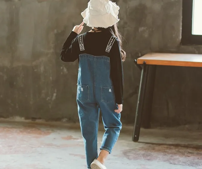 

Children Autumn Sets Clothing Teenage Girls Print Strap Jeans Pant Sets Kids Long Sleeve Loose Casual Suits Baby Fashion Sets