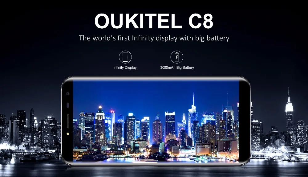 Oukitel C8 18:9 Дисплей 5." Смартфон Android 7.0 MT6580A 4 ядра 3000 мАч 2 ГБ+ 16 ГБ отпечатков пальцев 13MP мобильного телефона