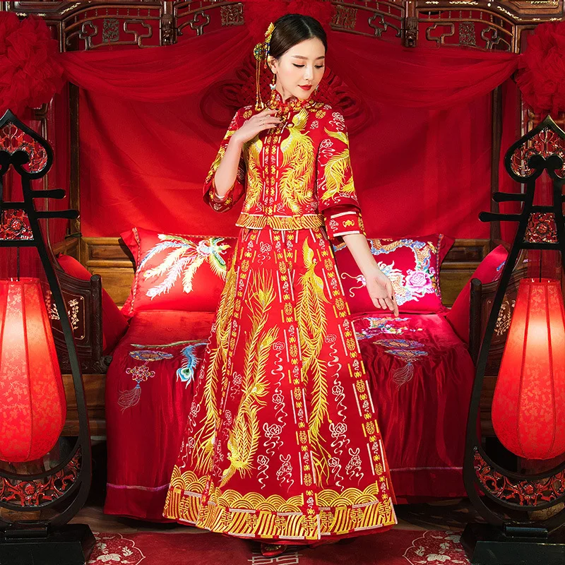 Роскошное Королевское красное платье с вышивкой китайское свадебное Ципао