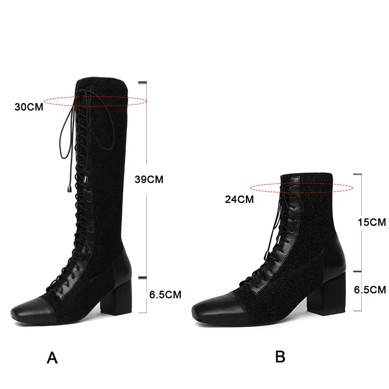 

Tuyoki Women Knee High Boots Genuine Leather Gladiator Cross Tied Winter Keep Warm Shoes Women Square Heels Boots Size 33-41