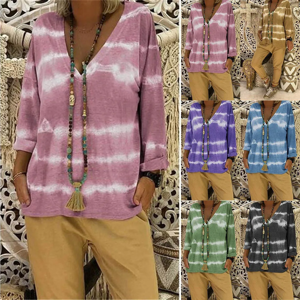 Женская Винтажная футболка с v образным вырезом Boho размера плюс мешковатый Топ