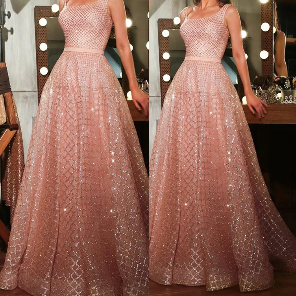 Женское шифоновое платье с блестками длинное розовое элегантное бальное