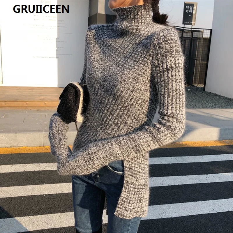 Женский свитер с длинным рукавом GRUIICEEN вязаный воротником под горло необычный