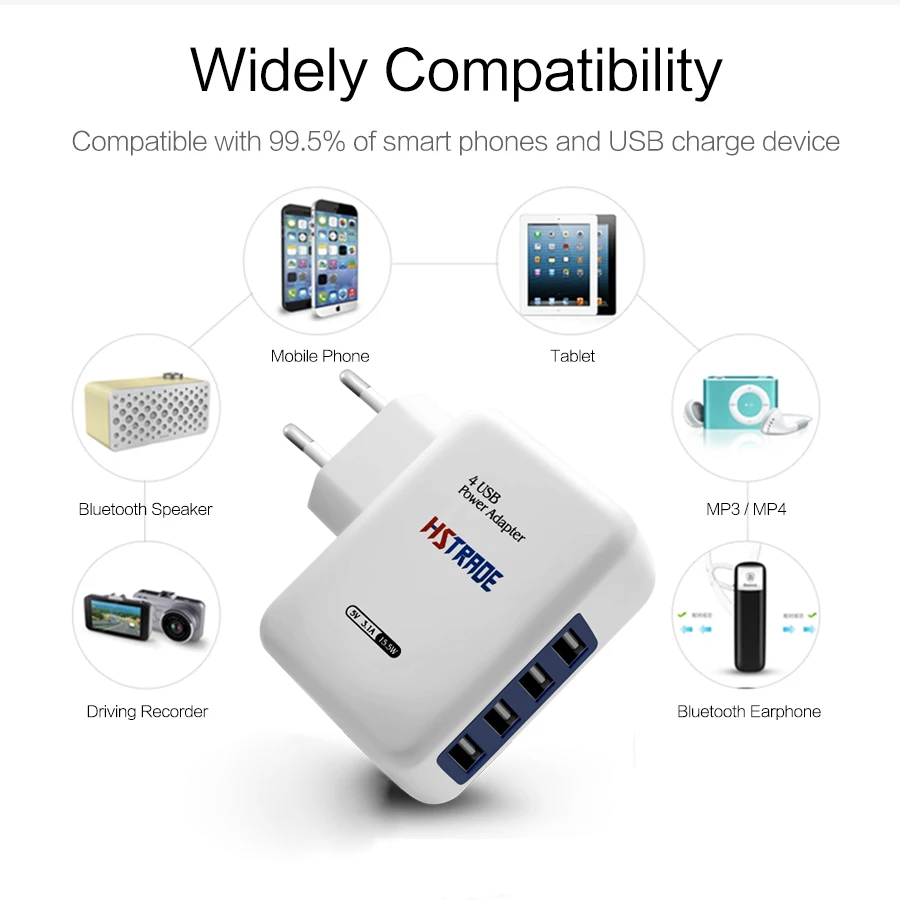 HSTRADE USB Smart Charger 4 Ports EU Plug Multiple Wall Adapter Mobile Phone Device 5V 3.1A Charge Fast Charging For iPhone iPad | Мобильные