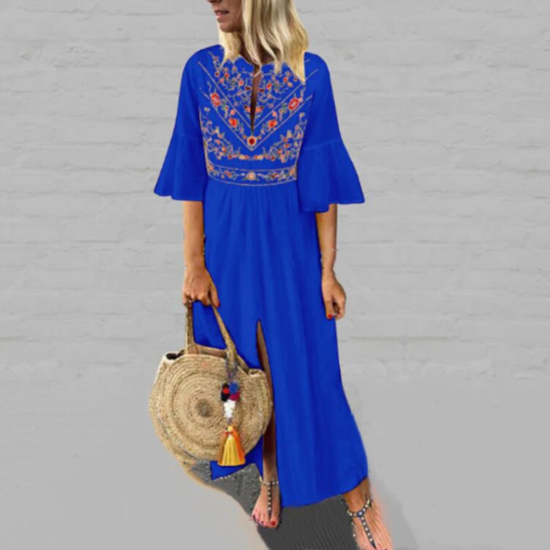 Женское длинное платье с коротким рукавом однотонное разрезом Boho PartyLadies Dresse |