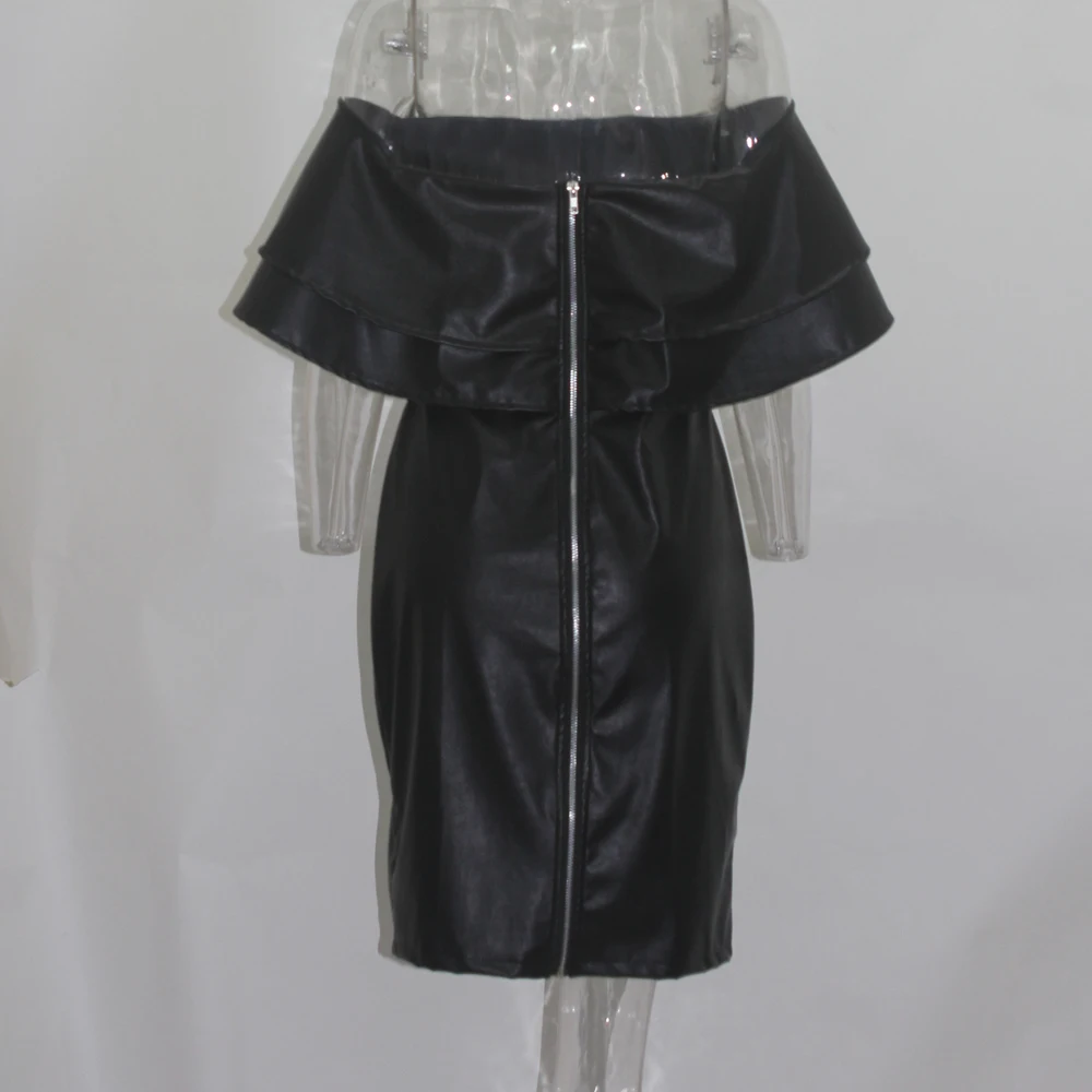 Ночной Клуб Женщин Платья Повязки Дамы Черный PU Платье Кожа С Плеча Sexy Party Bodycon