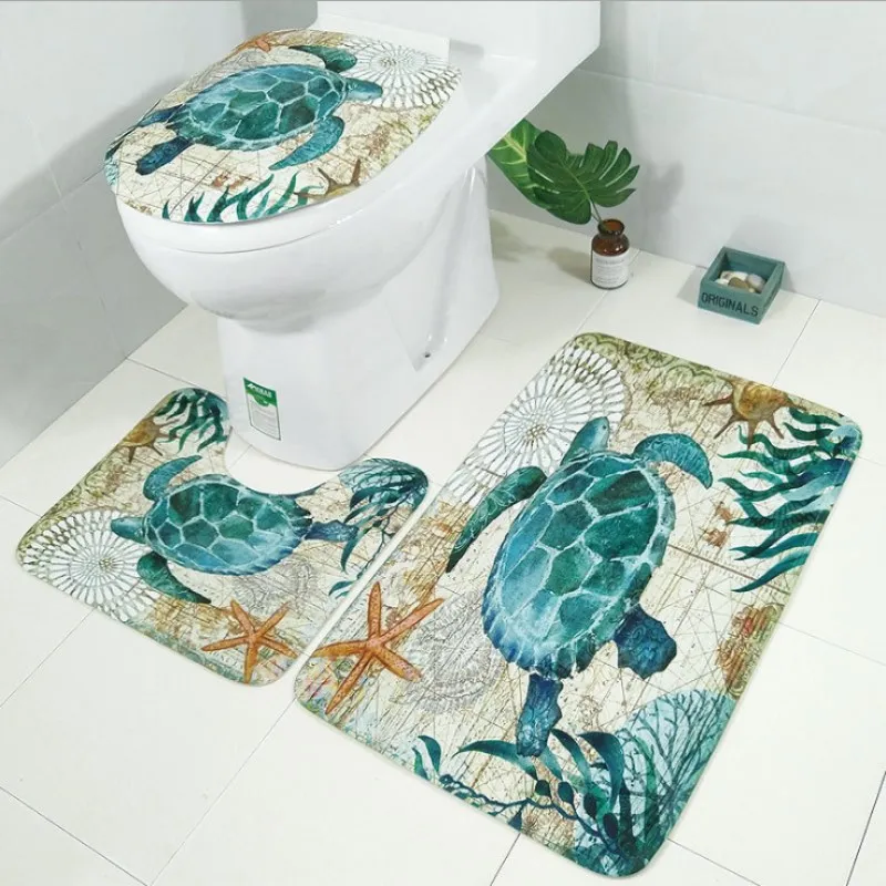 

Marine 3Pcs/Set Bathroom Mat Set Mediterranean Flannel Floor Rugs Cushion Toilet Seat Cover Bath Mat for Home Decoration