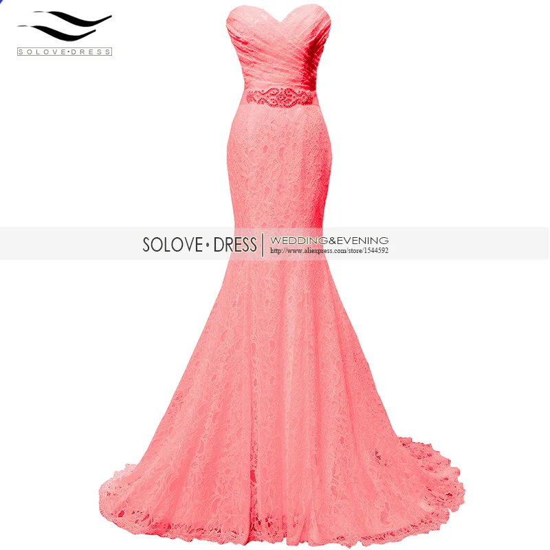 Solovedress, элегантное вышитое бисером милое кружевное платье цвета шампанского для выпускного вечера,, вечернее платье русалки с поясом, vestido de festa longo W01 - Цвет: Coral