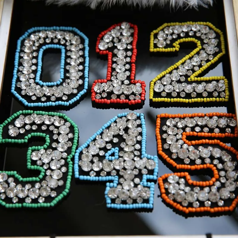 Large Size 0-9 Number Rhinestones beads patches Baseball Uniform DIY Applique Sew On Water Drill Parches for Clothes Bags
