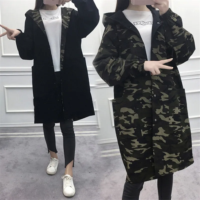 

Spring 2020 Women Trench Coat Plus Size Autumn Loose Long Windbreaker Women Thin Wear On Both Sides Camouflage Coat Casual Tops