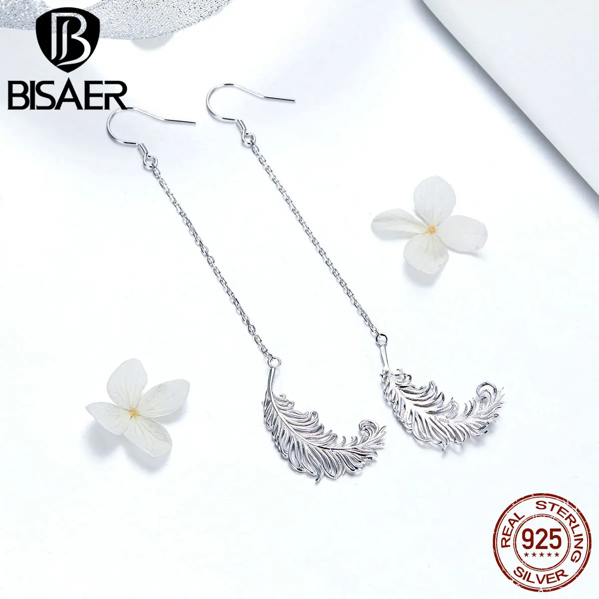 BISAER Аутентичные 925 пробы серебряные винтажные длинные серьги-гвоздики с перьями для женщин винтажные ювелирные изделия из стерлингового серебра ECE572
