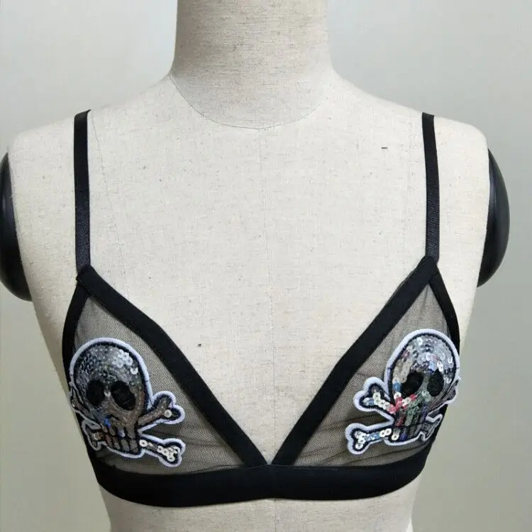 Женское Сетчатое нижнее белье Кружевной укороченный топ с вышитыми черепами и