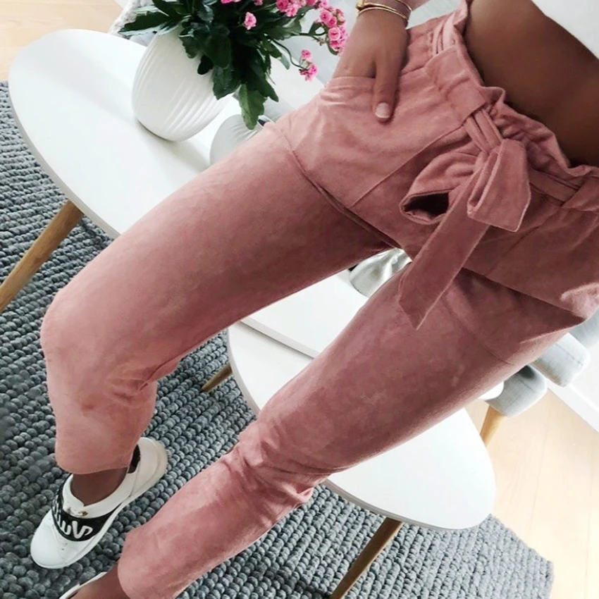 

new 2018 fashion women suede pants style ladies Leather bottoms female trouser Casual Red wine pencil pants high waist trousers