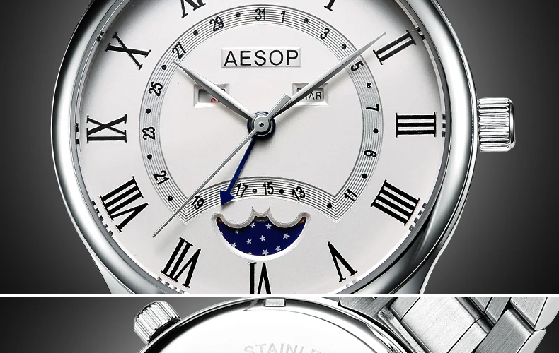 Aesop часы мужские роскошные Moon Phase кварцевые наручные часы из нержавеющей стали мужские часы водонепроницаемые Relogio Masculino