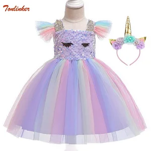 Платье для девочек на Хэллоуин, костюм единорога, необычные детские радужные платья-пачки с блестками для дня рождения, костюмы принцессы для косплея