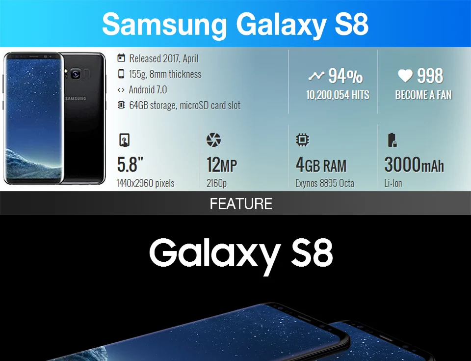 Samsung Galaxy S8, SM-G950F, G950F, G950U, 4G, LTE, четыре ядра, 4 Гб RAM, 64 ГБ ROM, 5,8 дюймов, 12 МП, отпечаток пальца, мобильный телефон Android