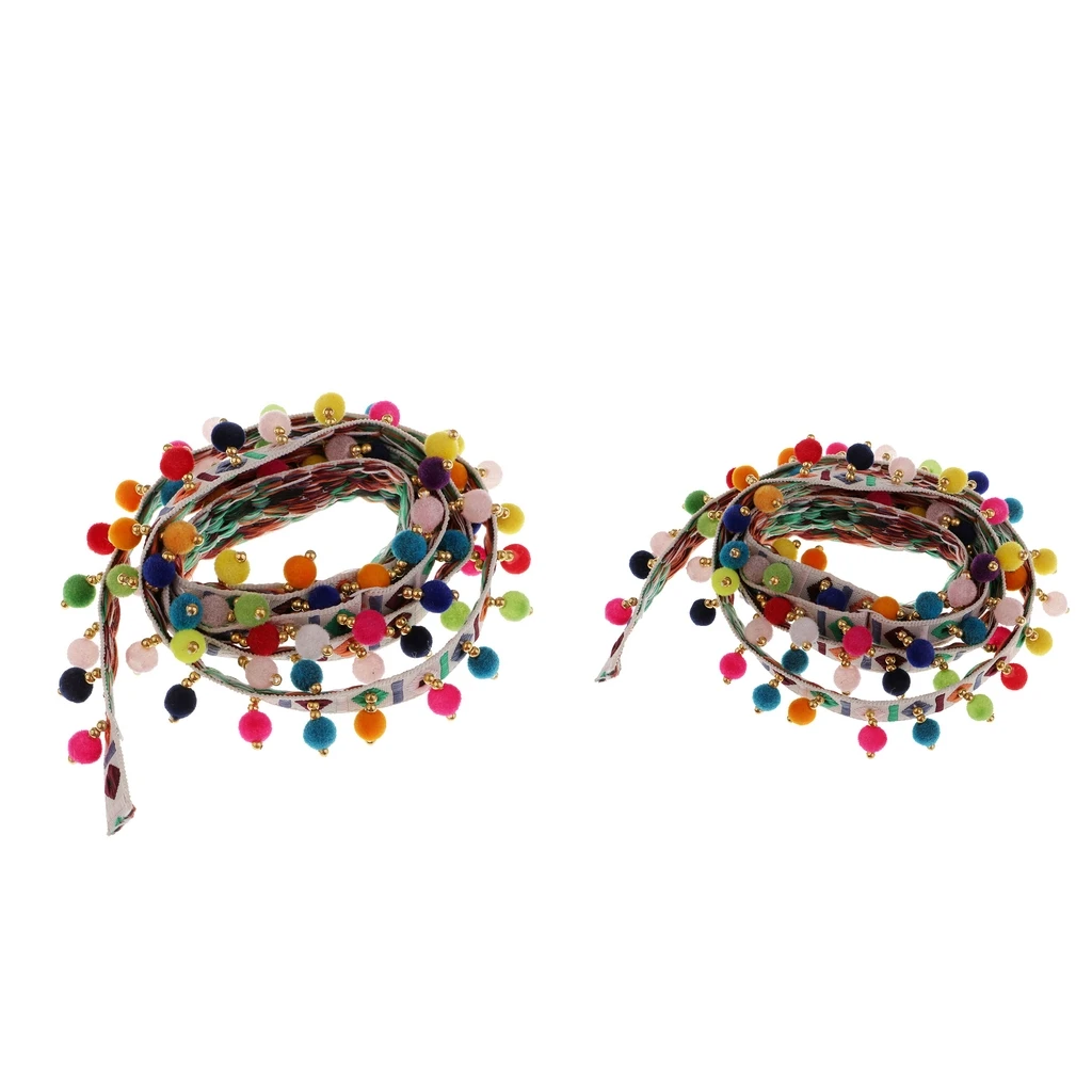 2 шт. этнические бахромой кисточкой Кружева жаккардовая лента с помпоном мяч