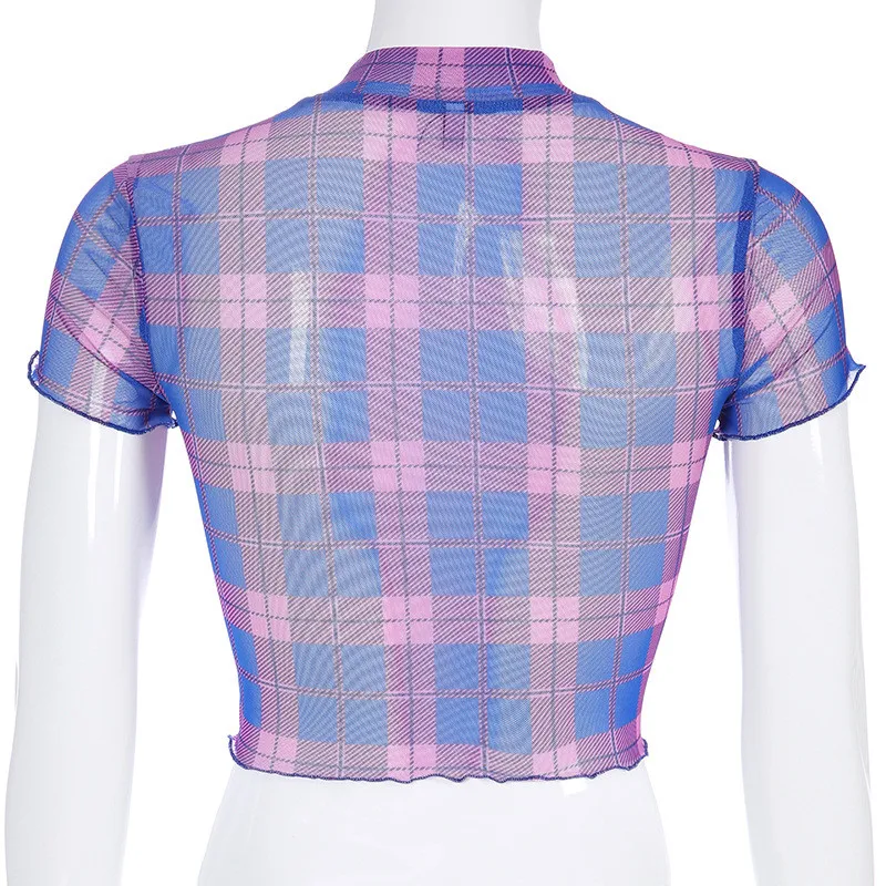 Летняя женская клетчатая прозрачная сетчатая кроп-топ с коротким рукавом
