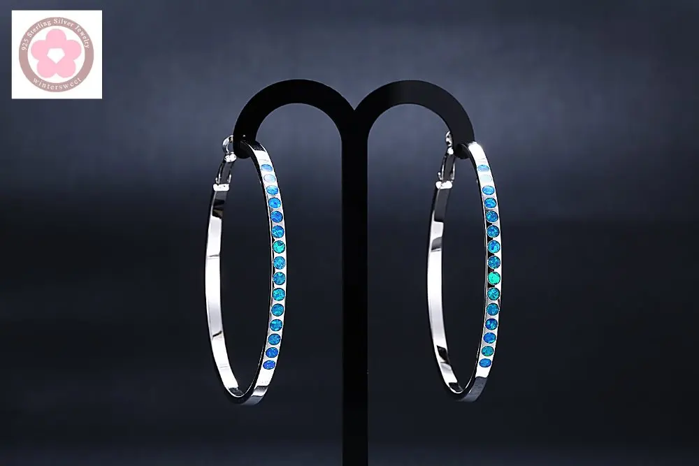 

JLE584 Classic Big Ruond Blue Opal Hoop Earrings For Women