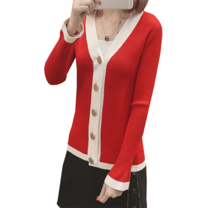 2018 Spring Autumn Flare Sleeve V-Neck Knitted Sweater Cardigan Female Single Breasted Patchwork Slim Women Coat F609 |