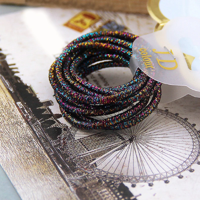 Black Iridescent Распродажа 10 шт./упак. в Корейском стиле для девочек, с блестками детские высокие носки на голову эластичная повязка для головы с нахлестом аксессуары твердой древесины; резинка для волос, обтянутая тканью; резиновая веревка резинки для волос - Цвет: Black Iridescent
