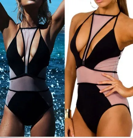 2018 черный телесный сетчатый прозрачный купальник Женский винтажный слитный с