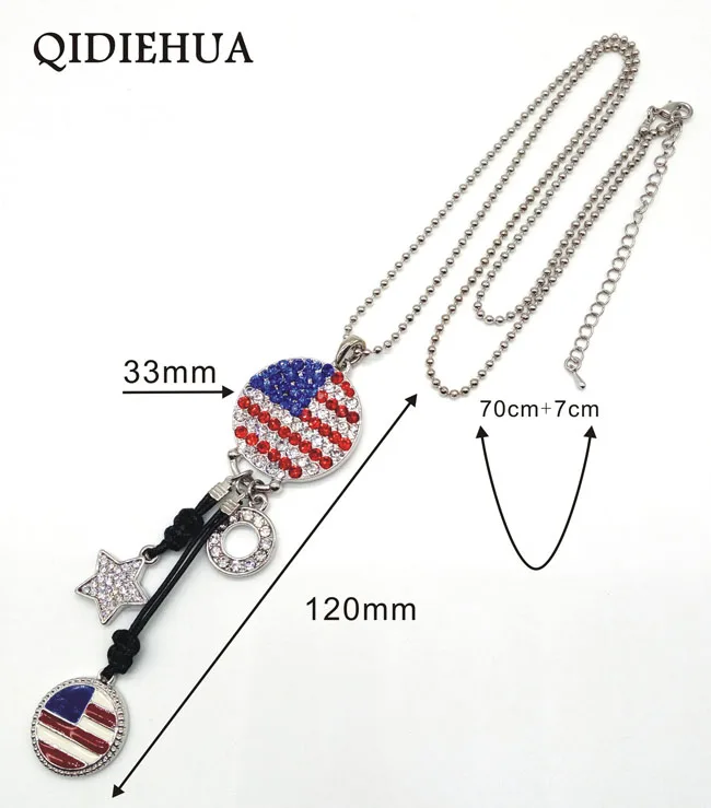 

Fashion American Flag Pendant USA Patriot Fashion Crystal Long Chain Necklace Pendant Round & Star Enamel Necklace Wholesale