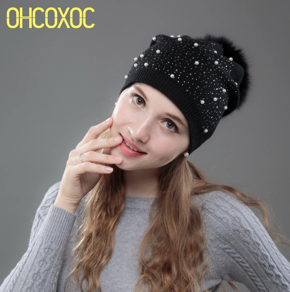 Брендовая женская кашемировая зимняя шапка с помпоном из лисьего меха норки