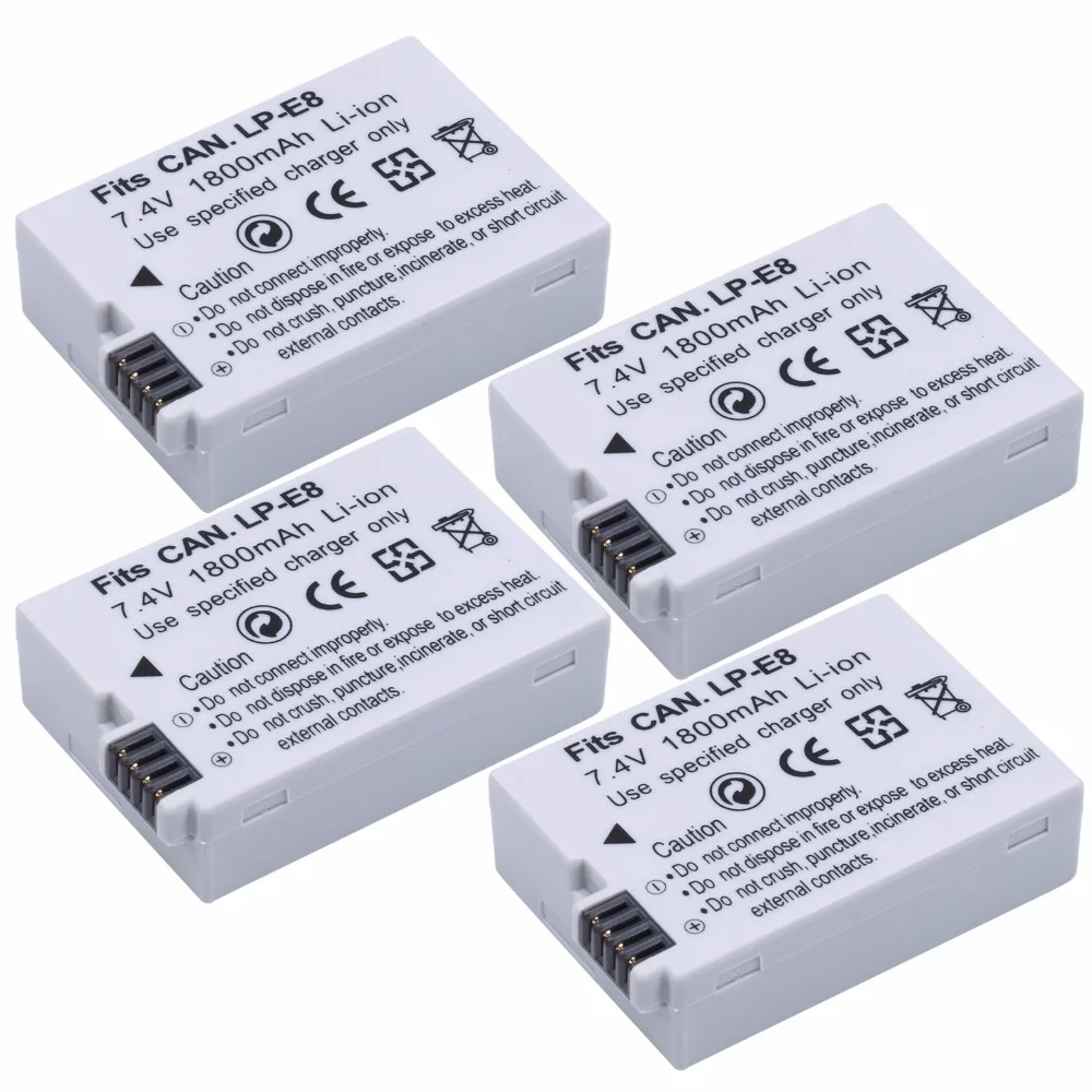 4 шт. аккумуляторы для камеры Canon EOS 550D 600D 650D 700D Rebel X4 X5 X6i X7 1800 мАч|lp e8|battery lp e8lp-e8 |