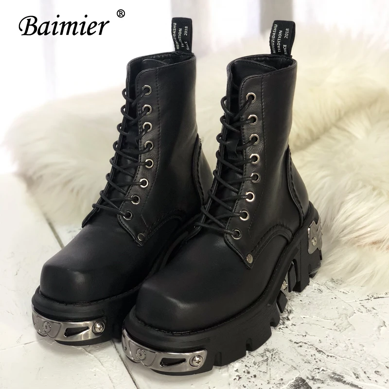 Черные кожаные ботильоны Baimier для женщин женские ботинки на шнуровке модные