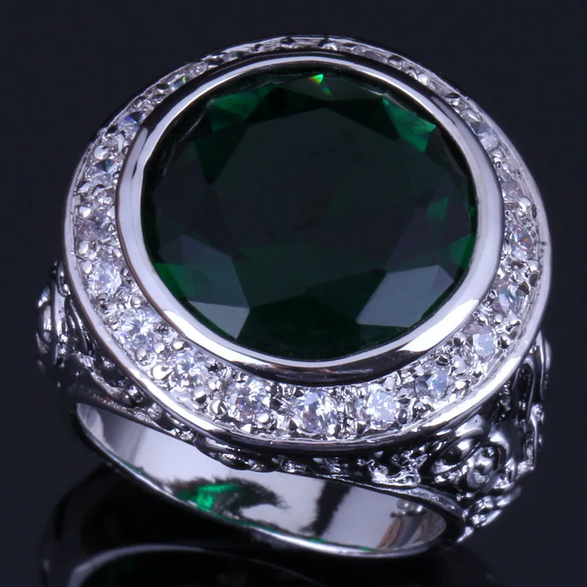 

Unique Big Round Green Cubic Zirconia White CZ Silver Plated Ring V0564