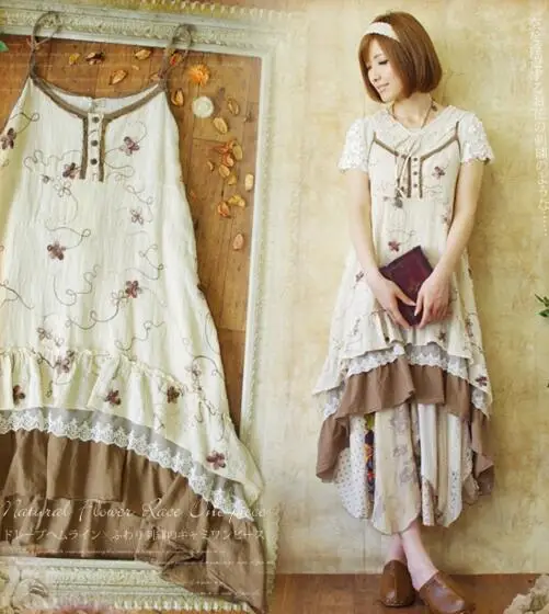 Платье на бретельках с цветочной вышивкой в японском стиле Mori Girl летнее платье