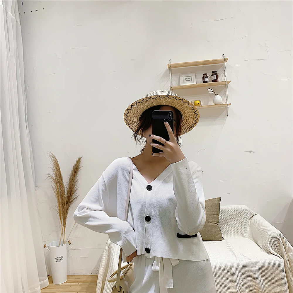 ALPHALMODA куртка с v-образным вырезом+ широкие брюки весенняя мода 2 шт. вязаный костюм женский удобный свитер кардиган брюки комплект