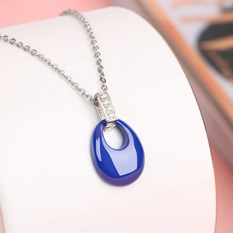 

Unique Design Blue Pink Water Drop Women Pendant Necklace Bling CZ Rhinestone Smooth Healthy Never Lose Color Ceramic Jewelry