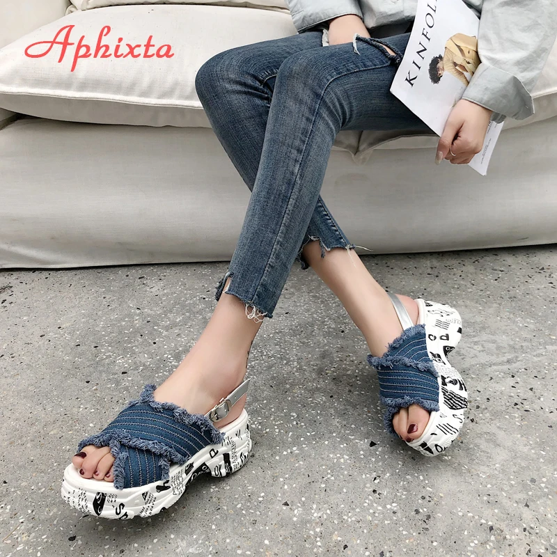 Aphixta Platform Sandals Women Wedge Heels Shoes Buckle Denim Jean Summer Zapatos Mujer Canvas Slippers Woman Sandal | Обувь