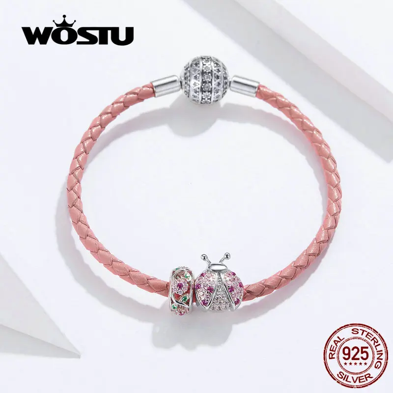 WOSTU подлинное серебро 925 пробы Красная Божья Коровка Браслеты с подвесками &