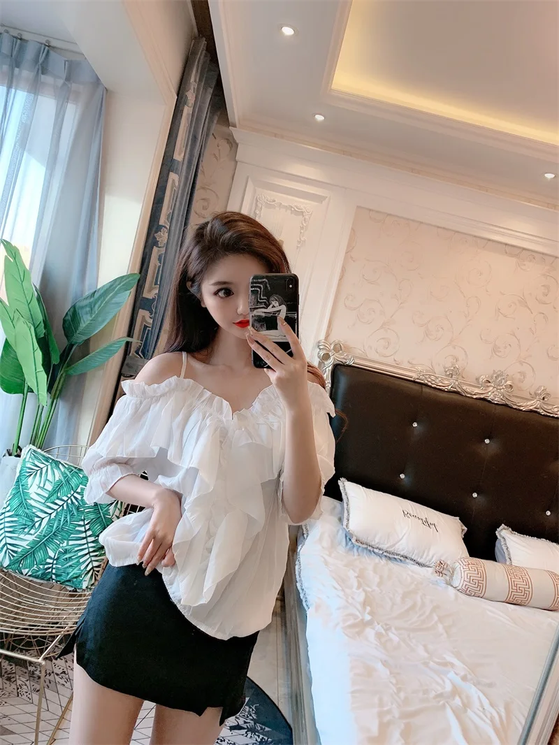 White Office Lady Elegant Lantern Sleeve Surplice Peplum Off the Shoulder Solid Blouse Autumn Sexy Women Tops And Blouses F20 | Женская