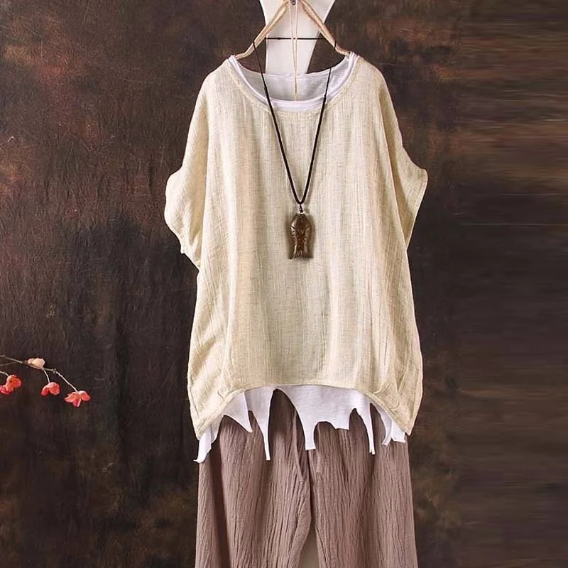 2018 HCXY New Fashion Women Casual Plus Size Loose Shirt Tops Ladies Short Sleeve Linen Blouse for Summer |
