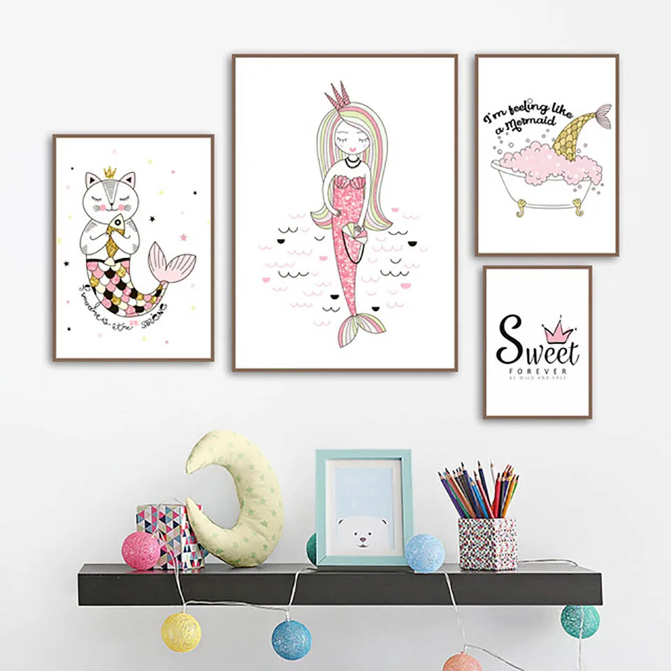 Печатные плакаты с маленькой русалочкой мультяшное настенное искусство простой