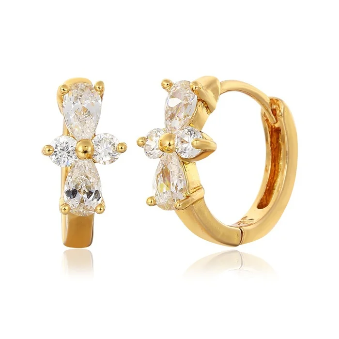 Желтый Позолоченные Проложить Крест Бантом Циркон CZ Круги Huggies Маленькие Серьги