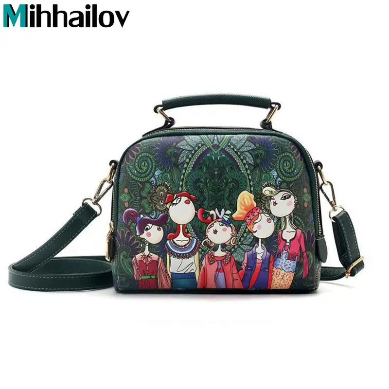 Женская кожаная сумка мессенджер темно зеленая через плечо с принтом