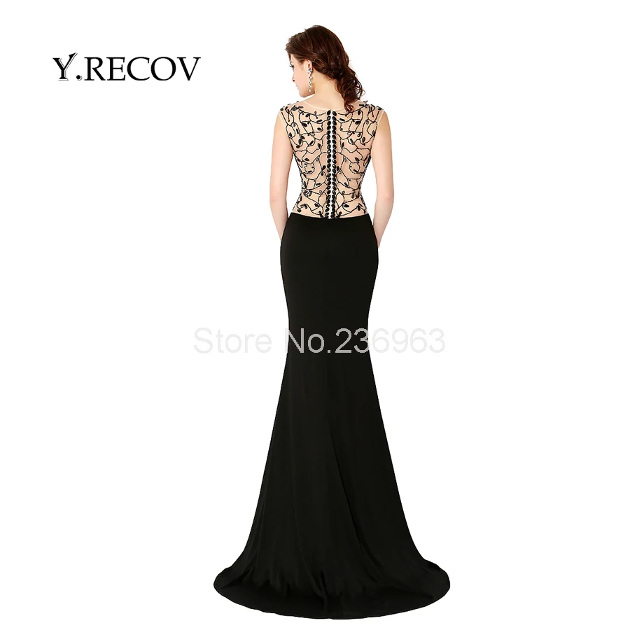 Черный формальный платье yd2404 труба бисероплетение sheer вернуться sexy пром dress black prom