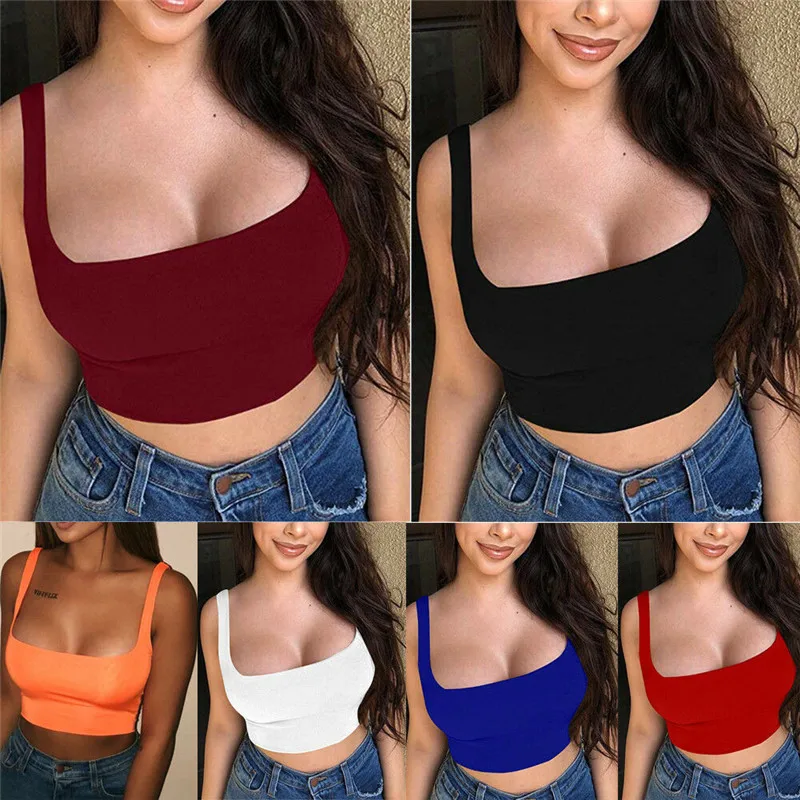 Топы на бретельках 2019 Летние Женские однотонные Короткие топы сексуальные Camis